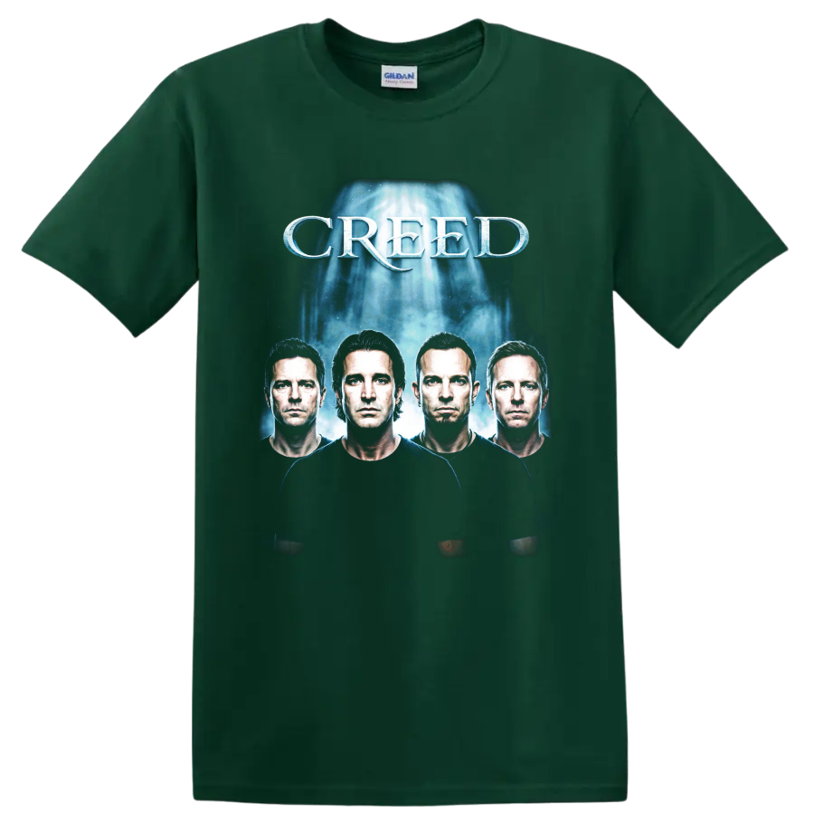 Creed post-grunge band portrait graphic with bold white lettering on a Forest Green T Shirt