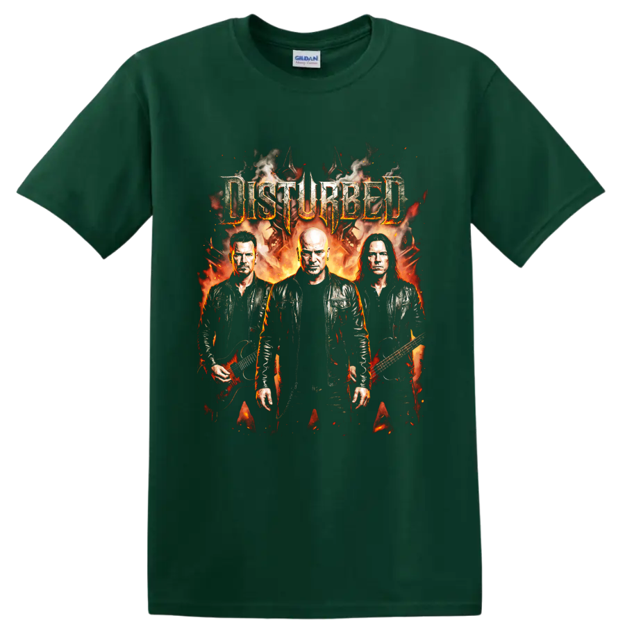 Disturbed Indestructible heavy metal album artwork with band portraits on a Forest Green T Shirt
