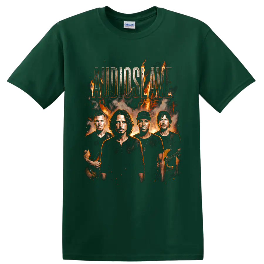 Audioslave rock band portrait graphic with flames, guitars, and distressed lettering on a Forest Green T Shirt