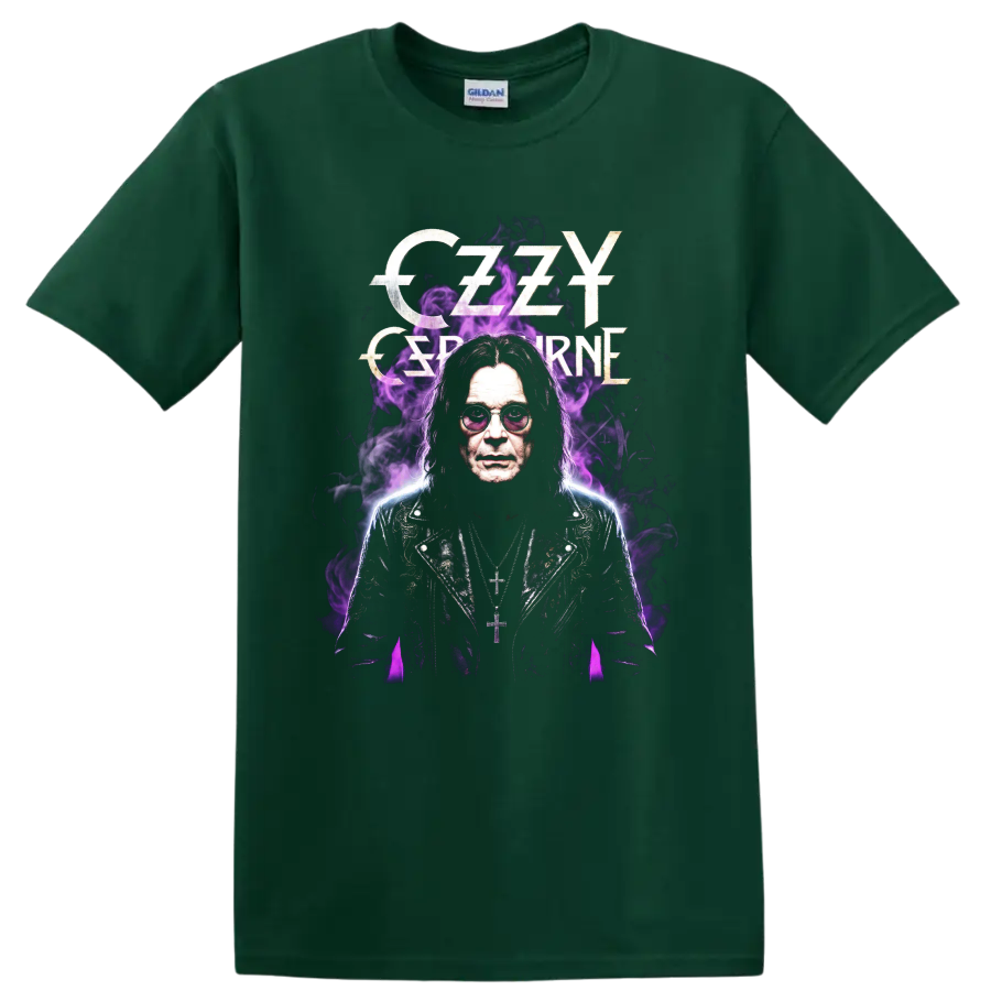 Ozzy Osbourne Black Sabbath portrait with purple smoke and gothic lettering on a Forest Green T Shirt