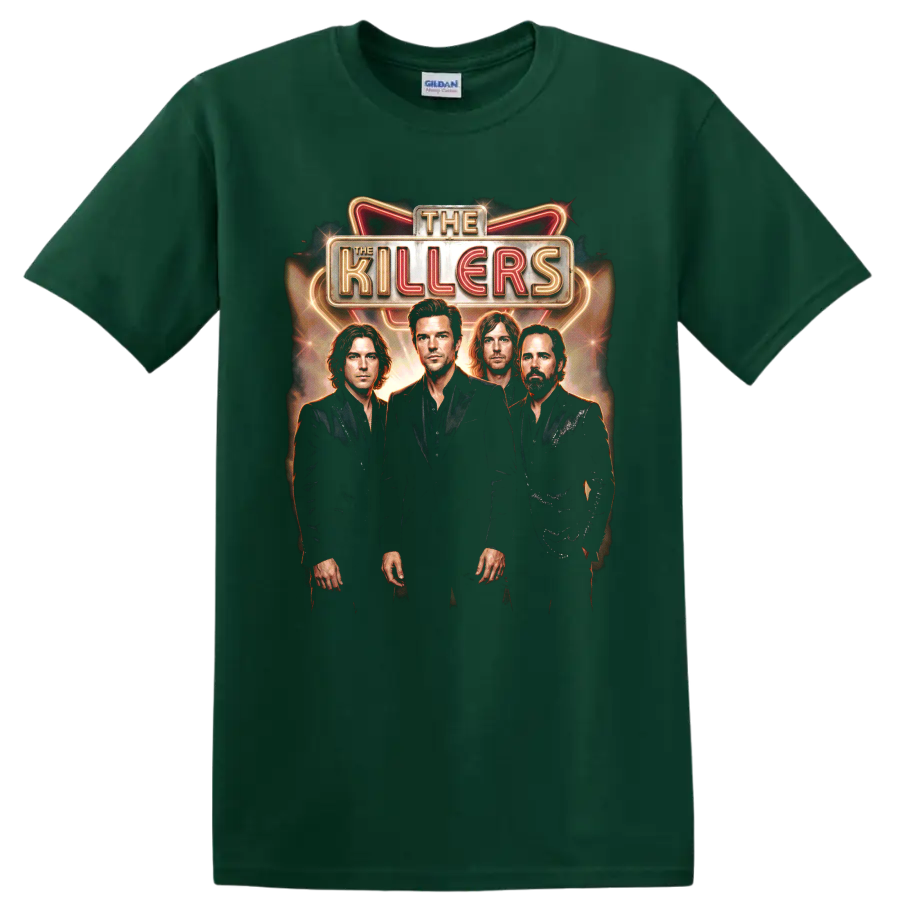The Killers Battle Born neon marquee band portrait graphic on a Forest Green T Shirt