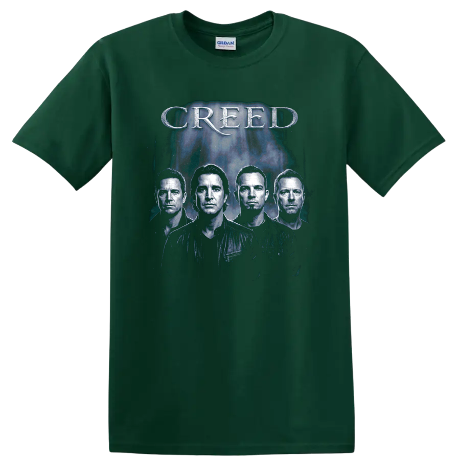 Creed band portrait graphic with metallic CREED lettering on a Forest Green T Shirt
