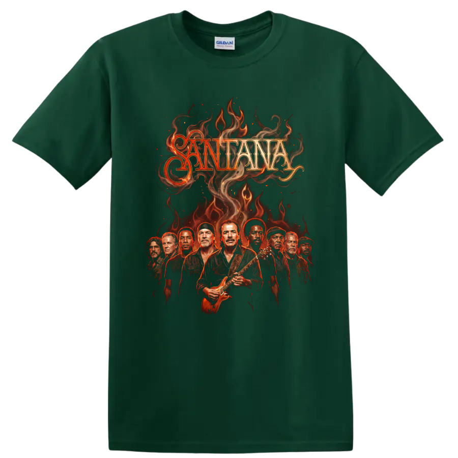 Santana Carlos Santana fiery Latin rock guitar performance graphic on a Forest Green T Shirt