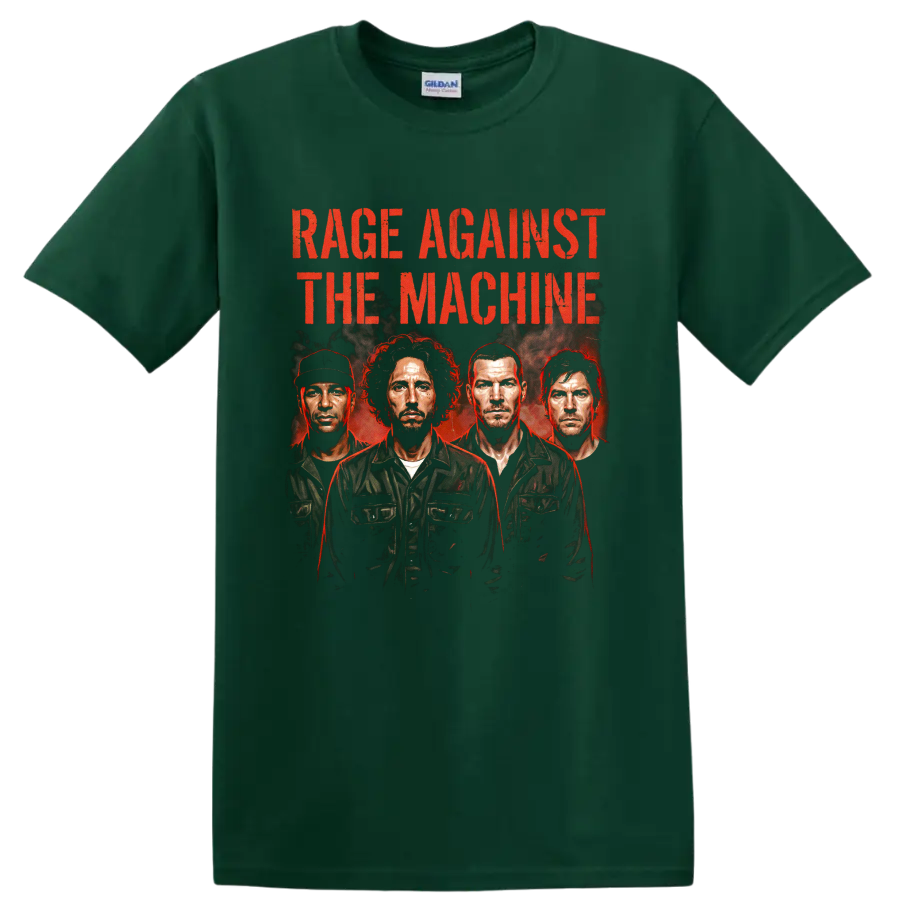 Rage Against the Machine vintage 1999 poster with four portraits and red text on a Forest Green T Shirt