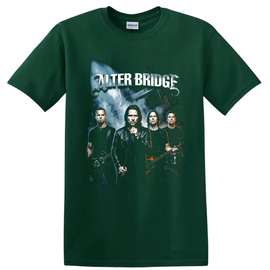 Alter Bridge band portrait rock graphic with vocalist and guitars on a Forest Green T Shirt