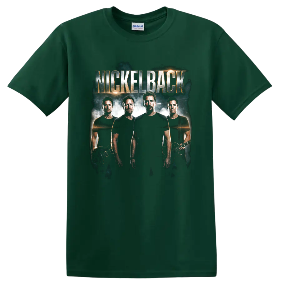 Ryan Peake Nickelback rock band portrait with guitars and NICKELBACK text on a Forest Green T Shirt