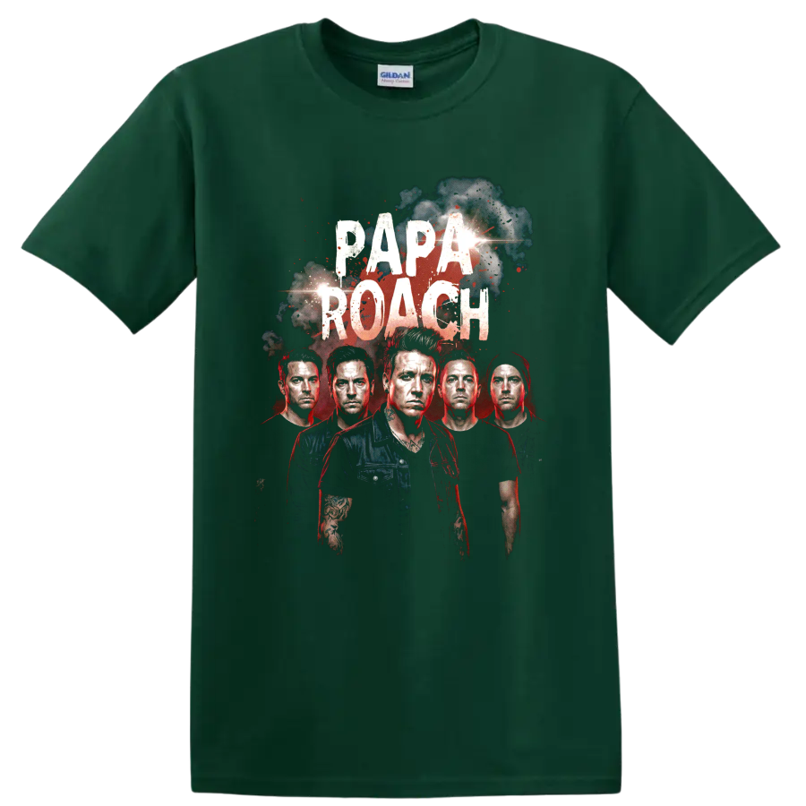Papa Roach distressed rock band portrait graphic with bold lettering on a Forest Green T Shirt