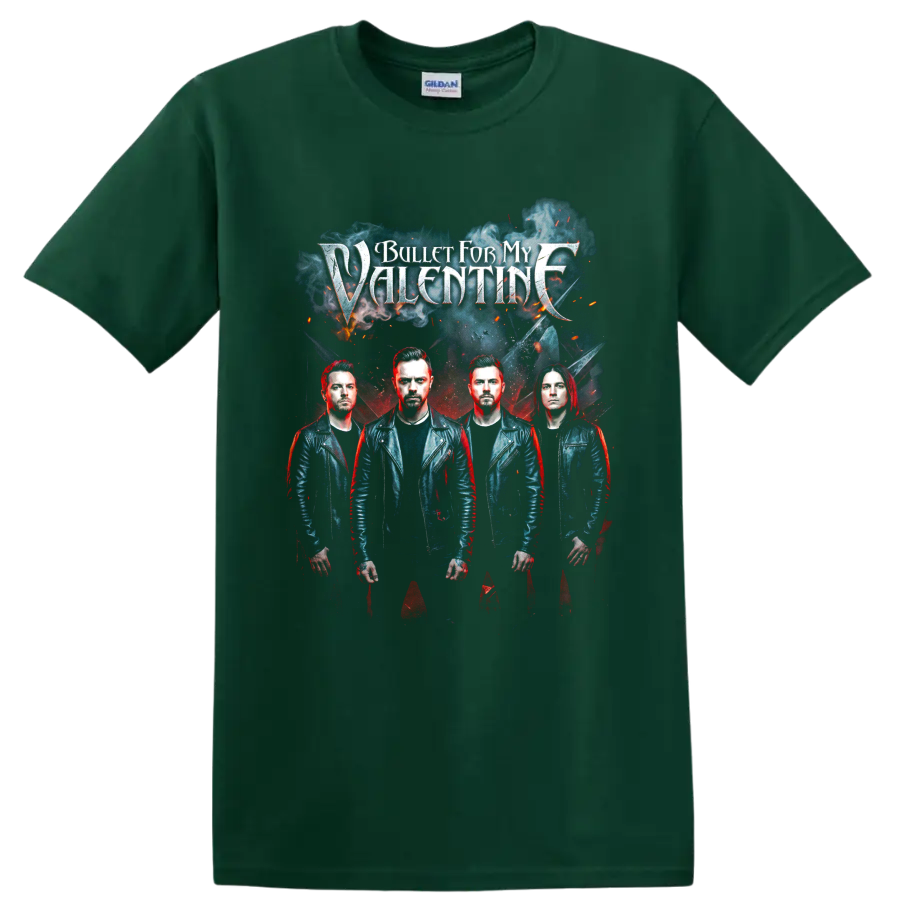 Bullet for My Valentine gothic band portrait with four musicians on a Forest Green T Shirt