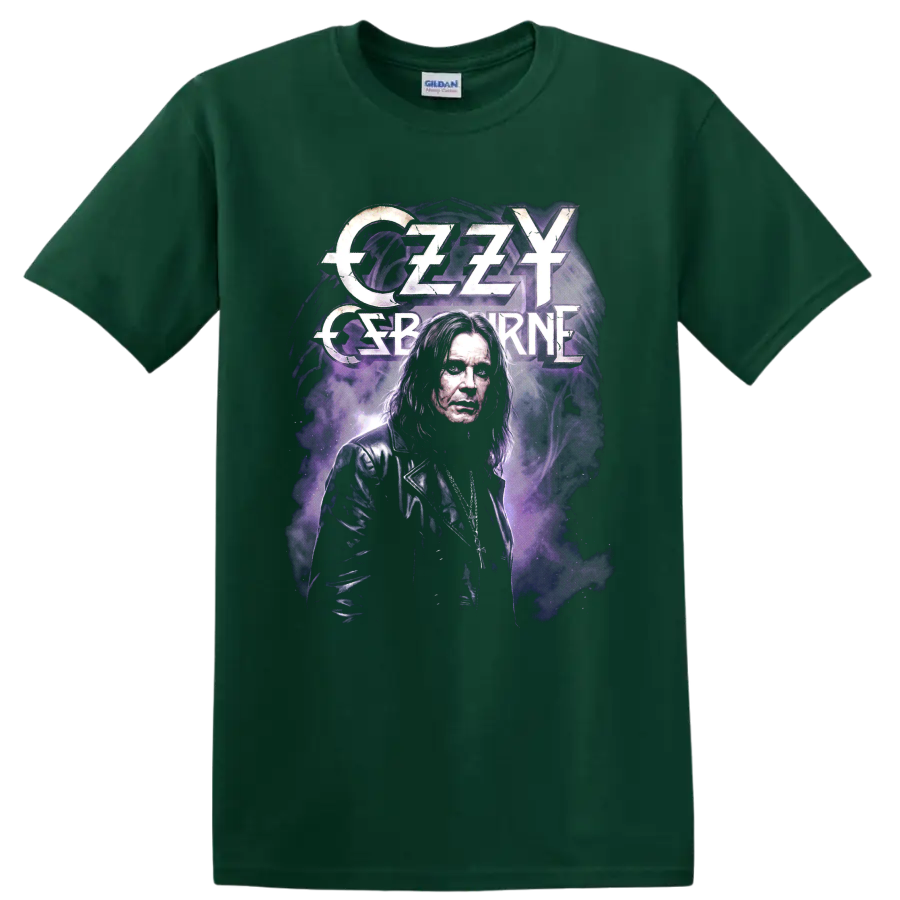Ozzy Osbourne Black Sabbath purple portrait rock graphic on a Forest Green T Shirt