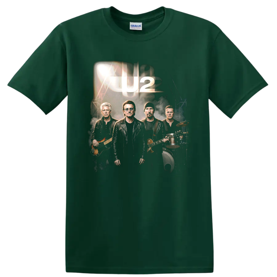 U2 Bono band portrait graphic with guitar, bass, drums, and U2 lettering on a Forest Green T Shirt