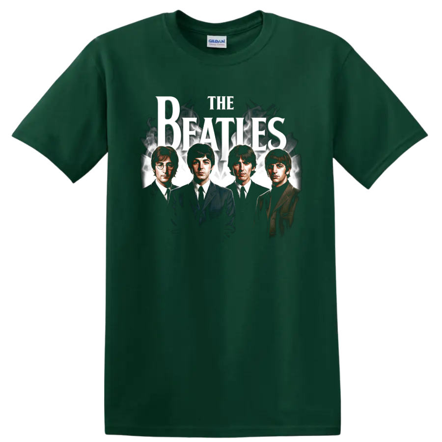 The Beatles classic rock portrait graphic with bold distressed lettering on a Forest Green T Shirt