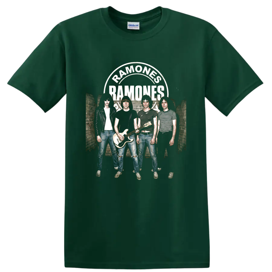 Ramones Road to Ruin distressed punk rock band graphic with arched lettering on a Forest Green T Shirt