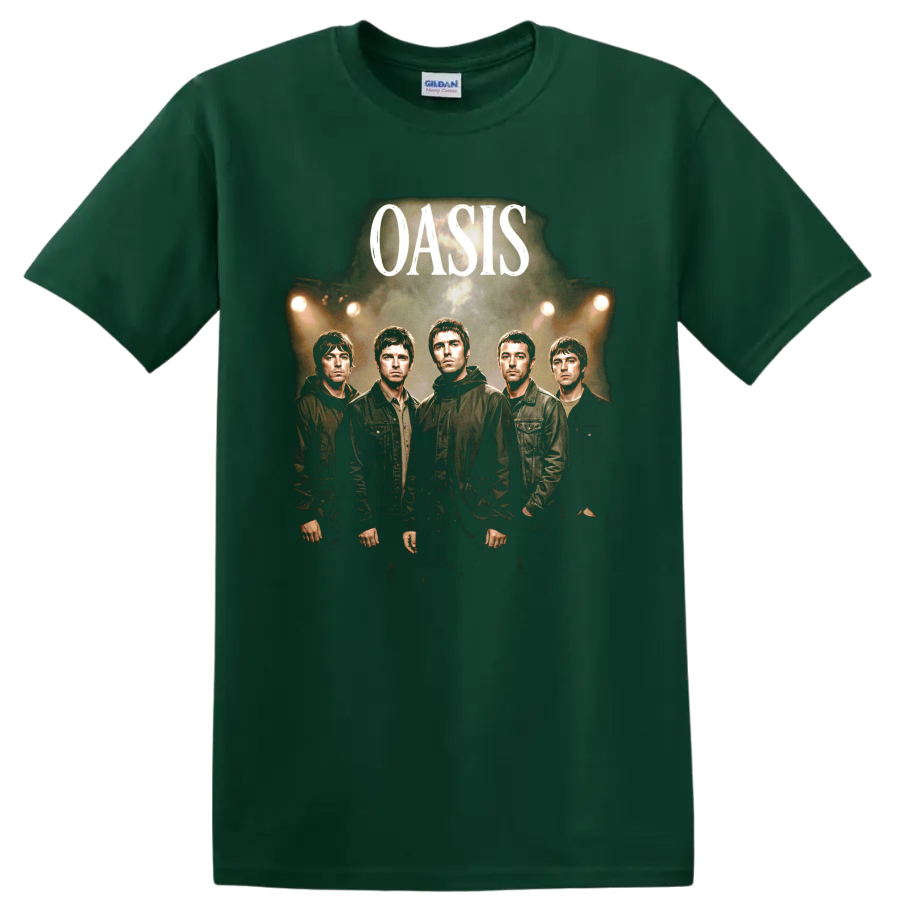 Oasis band portrait graphic with bold Oasis text and concert lighting on a Forest Green T Shirt