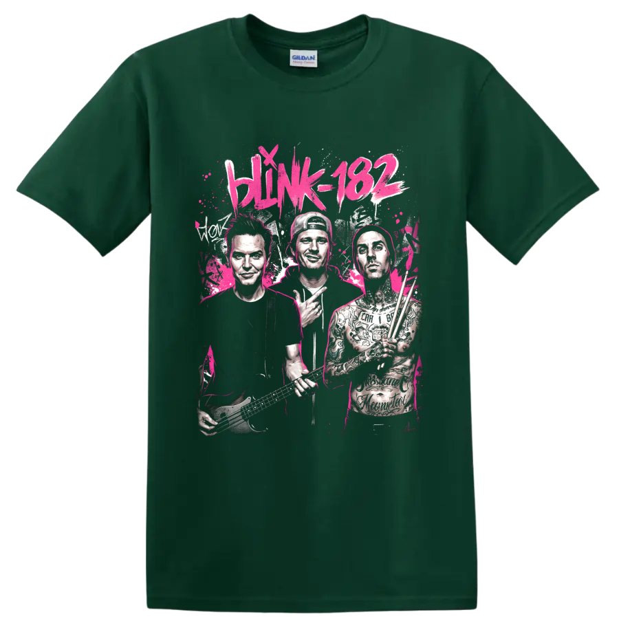 Blink-182 Mark Hoppus, Tom DeLonge and Travis Barker pop art graphic print on a Forest Green T Shirt