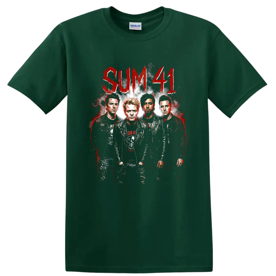 Sum 41 distressed punk rock band portrait with red lettering on a Forest Green T Shirt