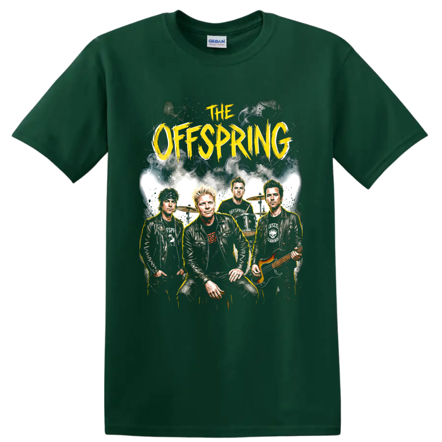 The Offspring punk rock band portrait graphic with yellow lettering on a Forest Green T Shirt