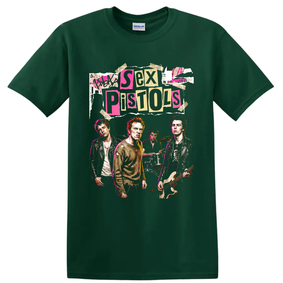 Sex Pistols distressed punk band collage graphic with torn-paper lettering on a Forest Green T Shirt