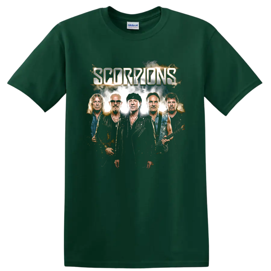 Scorpions band portrait with metallic lettering and electric guitars on a Forest Green T Shirt