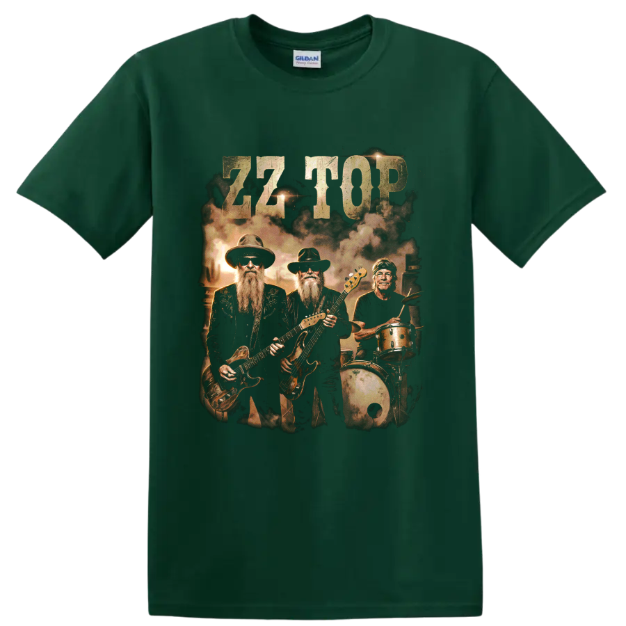 ZZ Top classic lineup vintage rock band graphic with guitars and drums on a Forest Green T Shirt