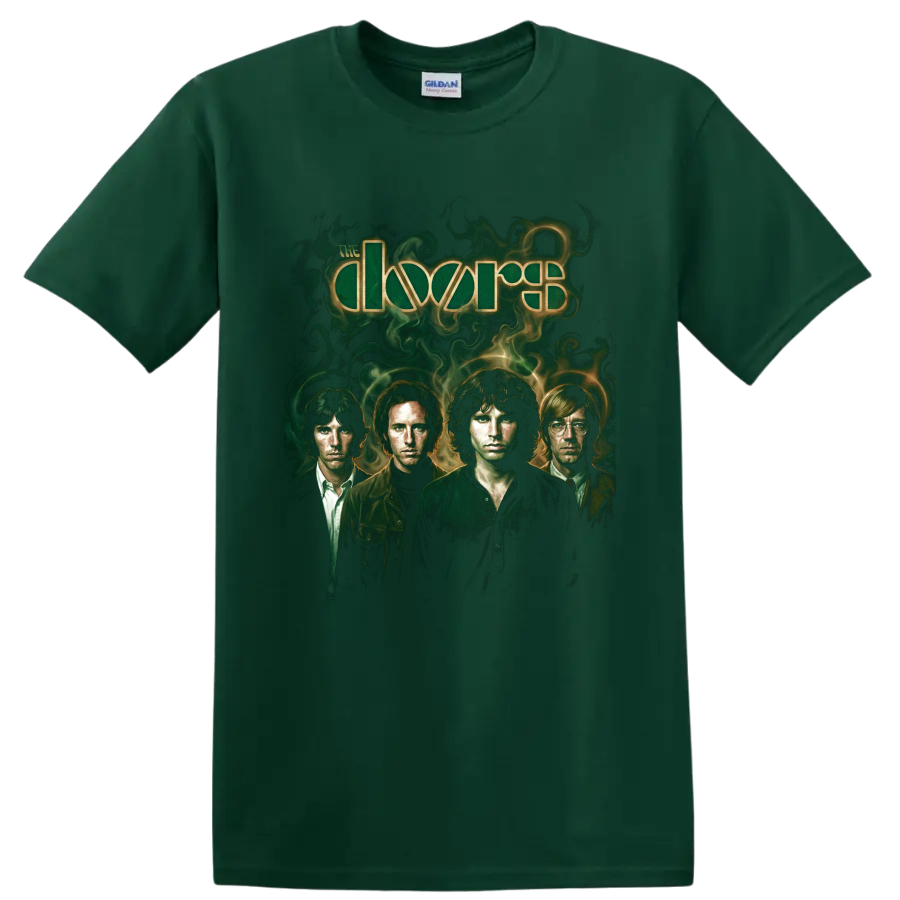 The Doors band portrait with psychedelic green smoke and logo lettering on a Forest Green T Shirt