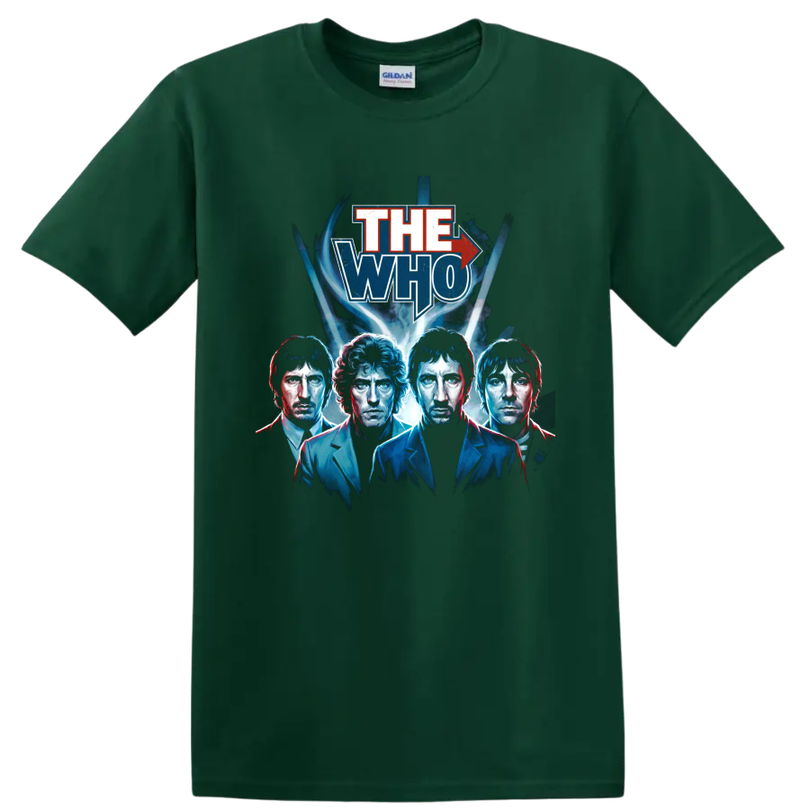 The Who Tour 65 blue and red vintage rock portrait poster graphic on a Forest Green T Shirt