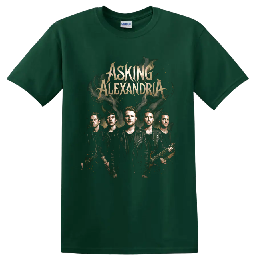 Asking Alexandria band portrait with gothic lettering and smoky rock artwork on a Forest Green T Shirt