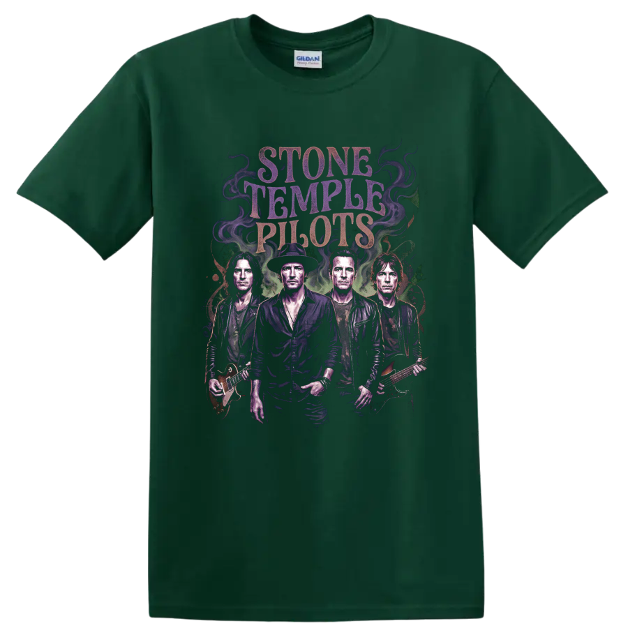 Stone Temple Pilots alternative rock band portrait graphic with guitars on a Forest Green T Shirt
