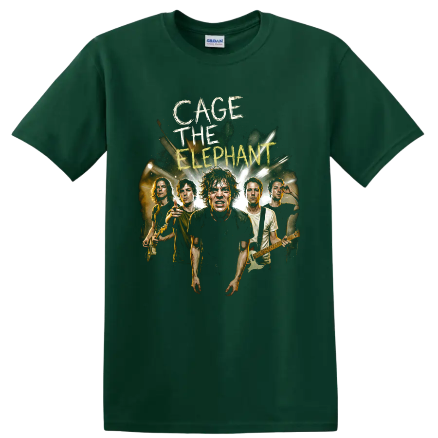 Cage the Elephant band poster with musicians, guitars, and stage lights on a Forest Green T Shirt