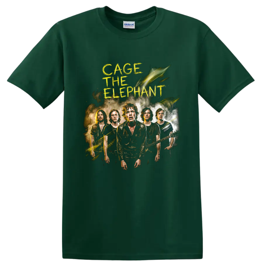 Cage the Elephant indie rock band portrait with distressed yellow lettering on a Forest Green T Shirt