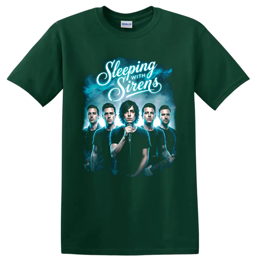Sleeping With Sirens post-hardcore band portrait graphic with script lettering on a Forest Green T Shirt