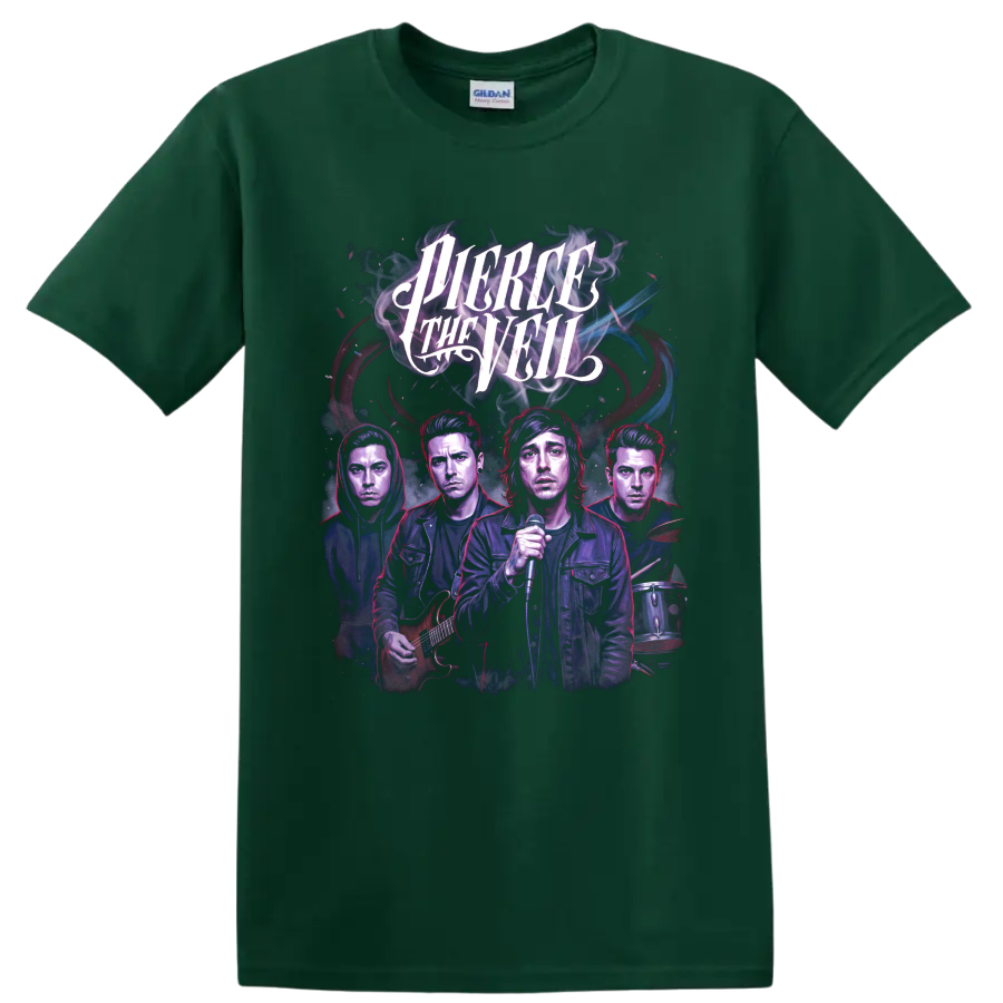 Pierce the Veil post-hardcore band concert poster graphic with vocalist on a Forest Green T Shirt