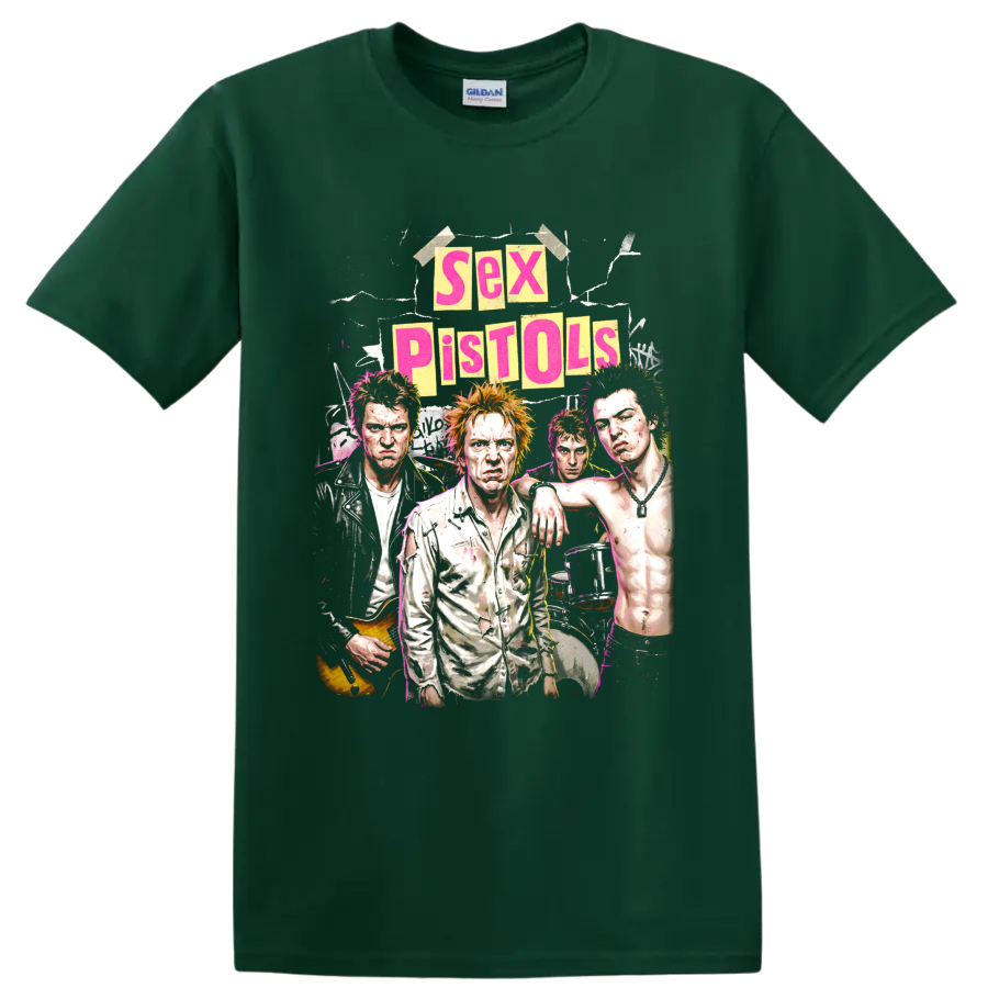 Sex Pistols punk rock collage graphic with band portraits and poster lettering on a Forest Green T Shirt
