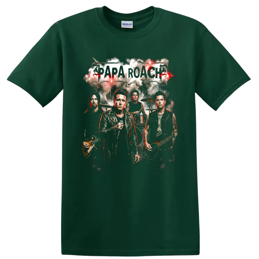 Papa Roach rock band poster with vocalist, guitars, drums, and grunge lettering on a Forest Green T Shirt