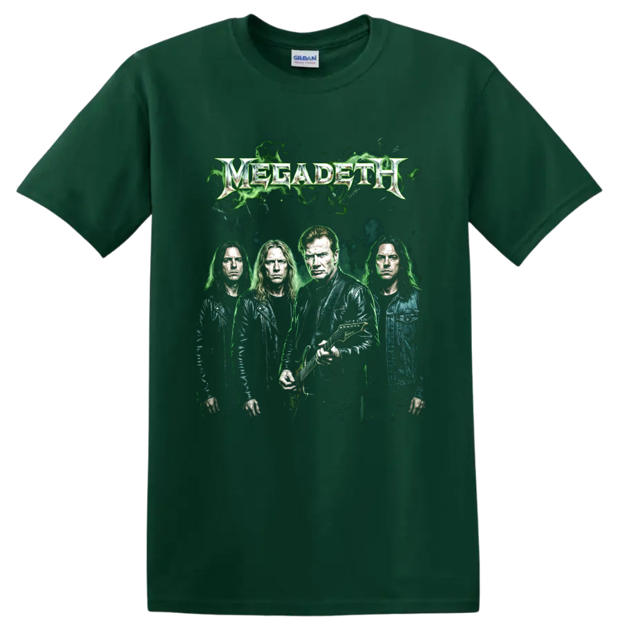 Megadeth Dave Mustaine band portrait with guitar and green smoke graphic on a Forest Green T Shirt
