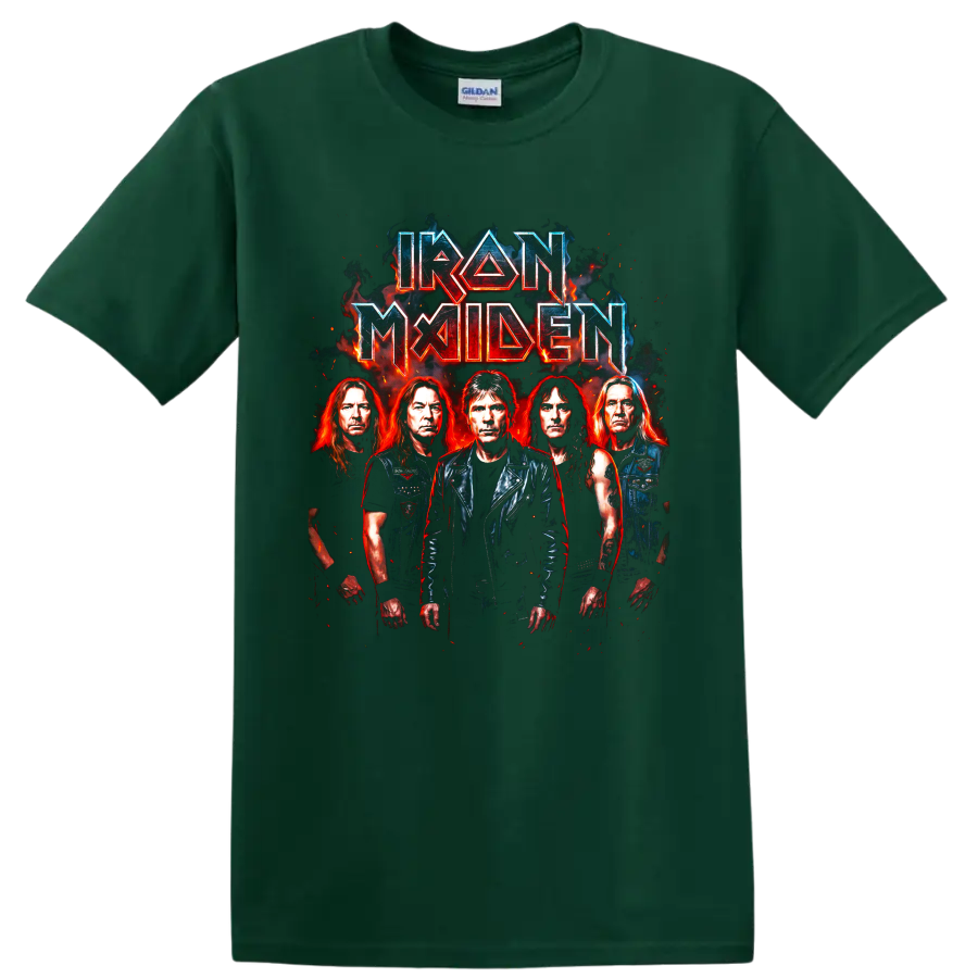 Iron Maiden heavy metal band portrait artwork with fiery angular lettering on a Forest Green T Shirt