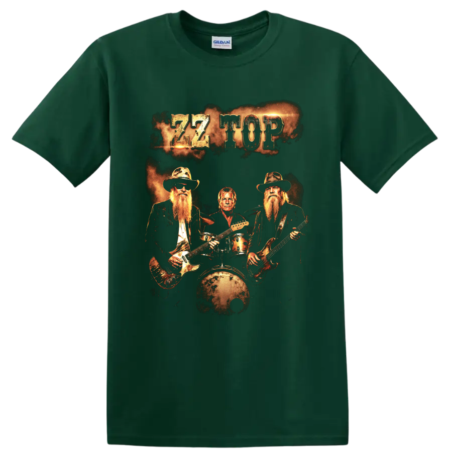 ZZ Top rock band graphic with guitars, drummer, and distressed gold lettering on a Forest Green T Shirt