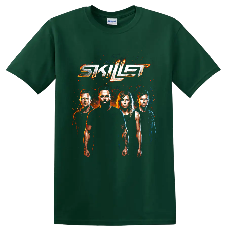 Skillet logo with four band portraits and fiery rock graphic on a Forest Green T Shirt