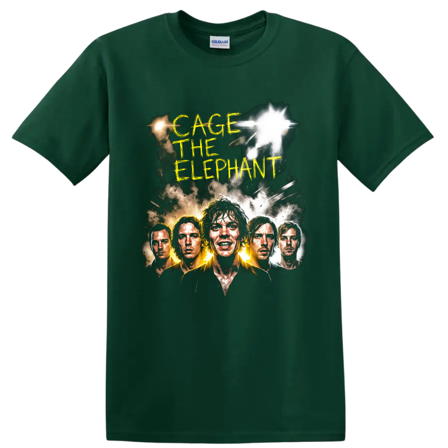 Cage the Elephant alternative rock band portrait graphic with yellow lettering on a Forest Green T Shirt