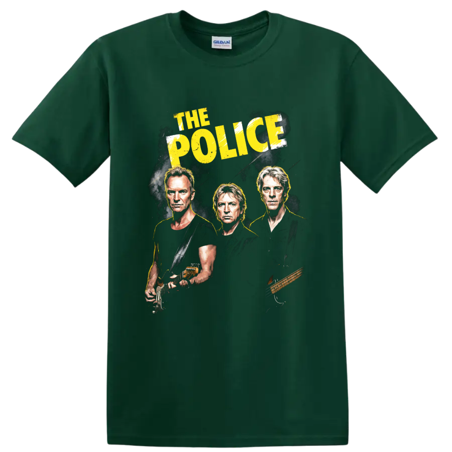 The Police rock band graphic with portraits, guitar, bass, and yellow text on a Forest Green T Shirt
