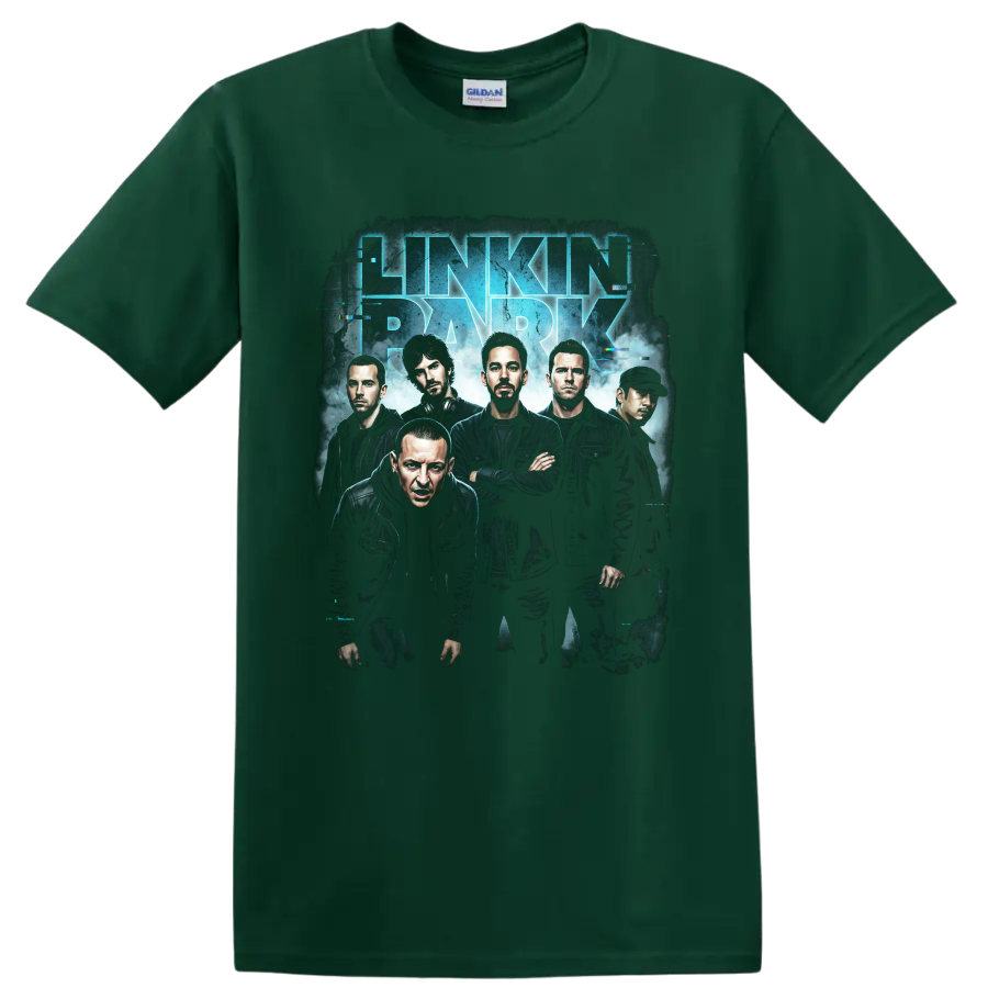 Linkin Park band poster with blue lettering and glitch effects on a Forest Green T Shirt