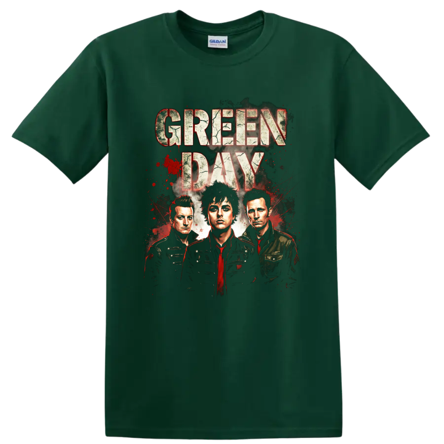 Green Day American Idiot era distressed band portrait graphic print on a Forest Green T Shirt