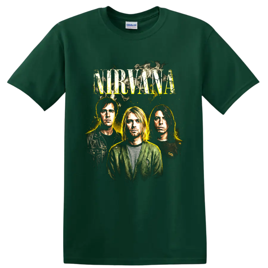 Kurt Cobain Nirvana distressed 1990s grunge band portrait on a Forest Green T Shirt