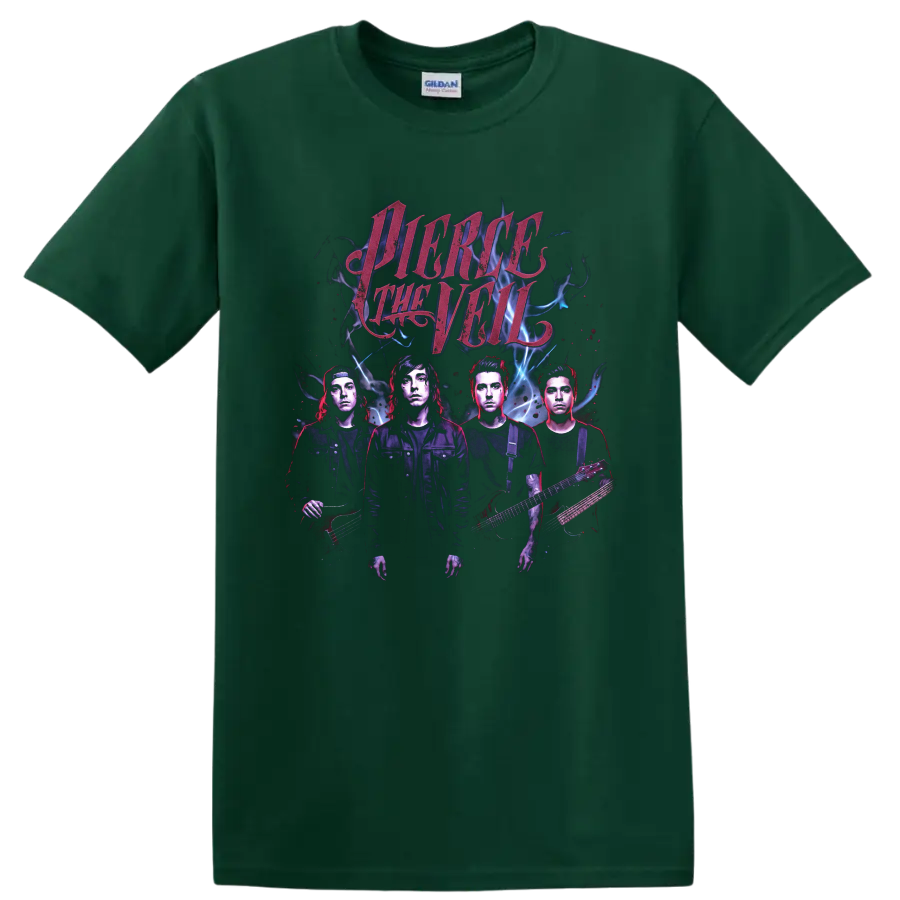 Pierce the Veil Misadventures-era rock band portrait graphic print on a Forest Green T Shirt