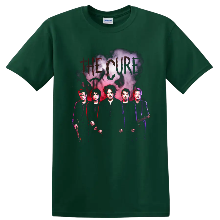 The Cure gothic rock band portrait with smoky cloud graphic on a Forest Green T Shirt
