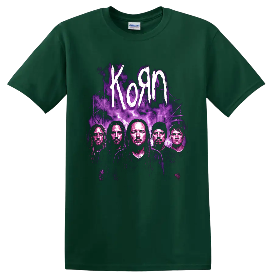Korn band portrait graphic with purple smoke and distressed white lettering on a Forest Green T Shirt