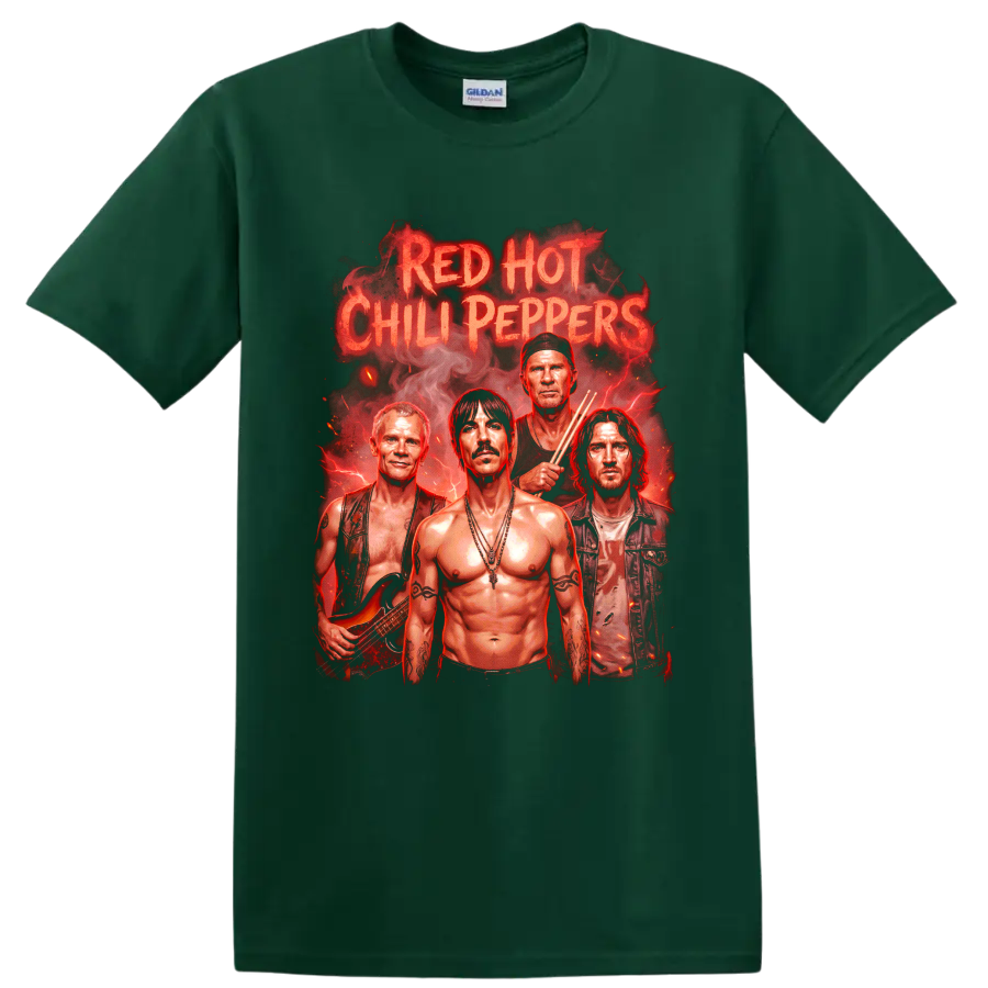 Red Hot Chili Peppers fiery rock band portrait graphic with bold lettering on a Forest Green T Shirt