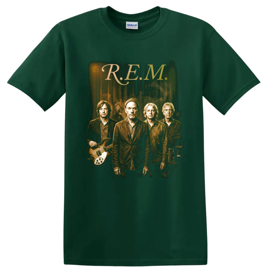 R.E.M. alternative rock band portrait with guitar and drums on a Forest Green T Shirt