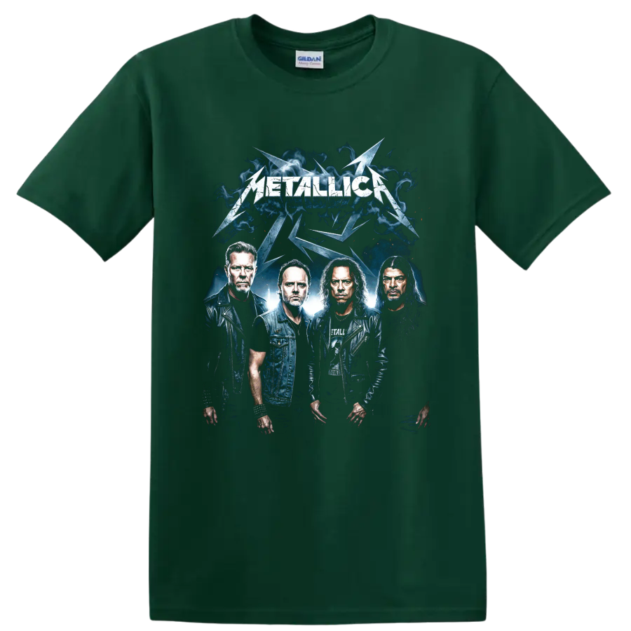 Metallica band portrait graphic with lightning and blue smoke on a Forest Green T Shirt