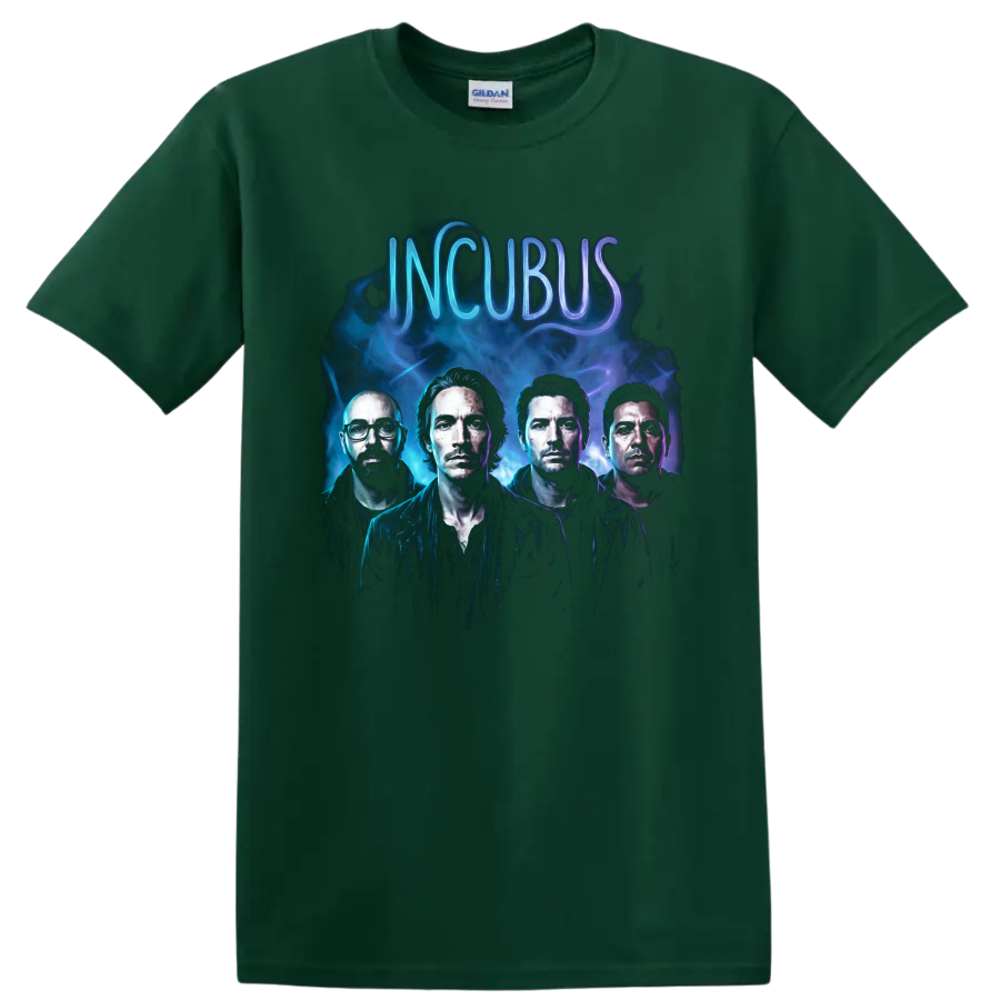 Incubus band portrait with blue smoke, purple light, and neon lettering on a Forest Green T Shirt