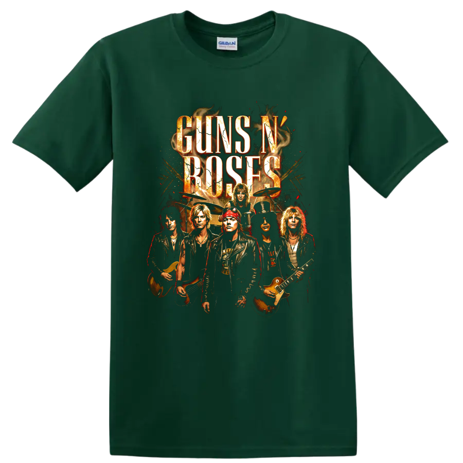Guns N' Roses classic hard rock band graphic print with musicians and instruments on a Forest Green T Shirt